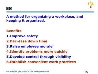 22© PTU's Gian Jyoti School of TQM & Entrepreneurship
5S
A method for organizing a workplace, and
keeping it organized.
Benefits
1.Improve safety
2.Decrease down time
3.Raise employee morale
4.Identify problems more quickly
5.Develop control through visibility
6.Establish convenient work practices
 