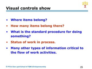 25© PTU's Gian Jyoti School of TQM & Entrepreneurship
Visual controls show
• Where items belong?
• How many items belong there?
• What is the standard procedure for doing
something?
• Status of work in process.
• Many other types of information critical to
the flow of work activities.
 