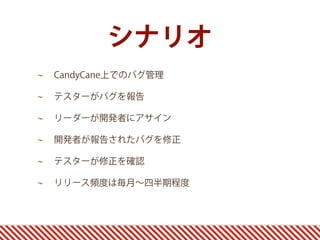 シナリオ
CandyCane上でのバグ管理

テスターがバグを報告

リーダーが開発者にアサイン

開発者が報告されたバグを修正

テスターが修正を確認

リリース頻度は毎月∼四半期程度
 