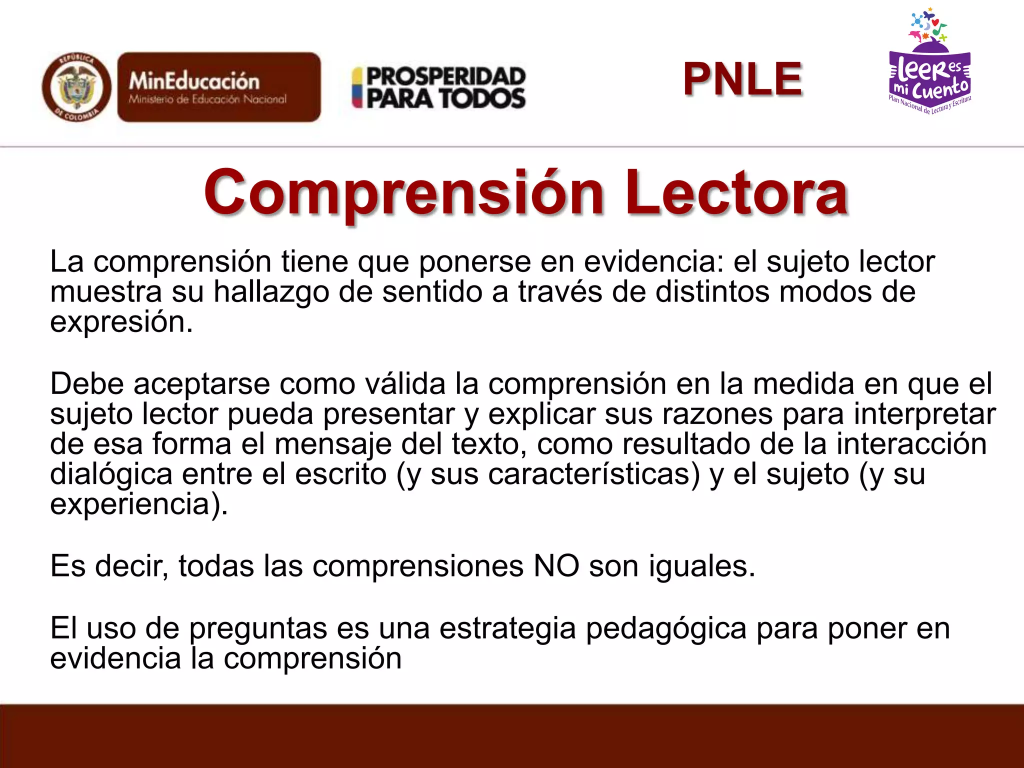 Comprensión Lectora
La comprensión tiene que ponerse en evidencia: el sujeto lector
muestra su hallazgo de sentido a través de distintos modos de
expresión.
Debe aceptarse como válida la comprensión en la medida en que el
sujeto lector pueda presentar y explicar sus razones para interpretar
de esa forma el mensaje del texto, como resultado de la interacción
dialógica entre el escrito (y sus características) y el sujeto (y su
experiencia).
Es decir, todas las comprensiones NO son iguales.
El uso de preguntas es una estrategia pedagógica para poner en
evidencia la comprensión
PNLE
 