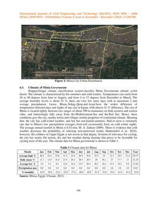 International Journal of Civil Engineering and Technology (IJCIET), ISSN 0976 – 6308
(Print), ISSN 0976 – 6316(Online) Volume 4, Issue 6, November – December (2013), © IAEME

Figure 1: Minia City Urban Distribution
6.3.

Climatic of Minia Governorate
Köppen-Geiger climate classification system classifies Minia Governorate climate as hot
desert. The climate is characterized by hot summers and cold winters. Temperatures can reach from
26 to 40 degrees from June to August, and from 4 to 17 degrees from December to March. The
average humidity levels is about 52 %, there are very few rainy days with at maximum 2 mm
average precipitation. Luxor, Minia, Sohag, Qena and Asyut have the widest difference of
temperatures between days and nights of any city in Egypt, with almost 16 °C difference. The city of
Minia is located tightly between two ranges of about 500 m-mountains on both western and eastern
sides, and interestingly falls away from the Mediterranean Sea and the Red Sea. Hence, these
conditions give the city, nearby towns and villages similar properties of continental climate. Meaning
that, the city has cold winter weather, and hot but non-humid summers. Hail or snow is extremely
rare due to Minia's low precipitation averages, frost will occasionally form on cold winter nights.
The average annual rainfall in Minia is 0.52 mm, M. A. Zahran (2009). There is evidence that cold
weather decreases the probability of selecting non-motorized modes (Kuhnimhof et al., 2010),
however, the coldness in Upper Egypt is not severe to that degree. In terms of relevance for cycling,
the city has nearly flat terrain, dry and hot weather during daytime that prove to be favorable for
cycling most of the year. The climate data for Minia governorate is shown in Table 1.
Table 1 Climate data for Minia
Month

Jan

Feb

Mar

Apr

May

Jun

Jul

Aug

Sep

Oct

Nov

Dec

Year

Average high °C

20.4

22.4

25.8

31.2

35.4

36.9

36.6

35.9

34

31.3

25.9

21.4

29.77

Daily mean °C

11.7

13.5

16.8

21.9

26.2

28.4

28.7

28

26.1

23

17.7

13

21.25

Average low °C

3.9

5.2

8.2

12.6

16.4

19.3

20.4

20.3

18.4

15.5

10.2

5.8

13.02

Precipitation mm

0.0

0.0

1.0

0.0

0.0

0.0

0.0

0.0

0.0

2.0

1.0

1.0

0.42

% humidity

63.0

56.0

52.0

43.0

37.0

40.0

46.0

51.0

53.0

55.0

61.0

67.0

52.0

Source (Minia, Egypt: Climate, 2013)

168

 