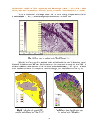 International Journal of Civil Engineering and Technology (IJCIET), ISSN 0976 – 6308
(Print), ISSN 0976 – 6316(Online) Volume 4, Issue 6, November – December (2013), © IAEME
The DEM map used for drive slope map for the catchment area by using the same software
(Global Mapper .11), Fig.(3) shows the slope map for the studied catchment area.

Fig. (3) Slope map for studied basin Global Mapper 11.1
ERDAS 8.4 software used for produce supervised classification map[3] depending on the
produce
Hydraulic Soil Group map (HSG) for the catchment area that constructed by using Arc Veiw GIS 3.3
software depending on the soil data for the catchment area as shown in Fig.(4) and Fig.(5). The basin
dived into four sub-basins according to the variety in soil type, land cover and divide flow Fig.(6).
basins

Fig.(4) Hydraulic soil group (HSG)
map for studied basin ArcVeiw GIS 3.3

Fig.(5) Supervised classification map
for studied basin ERDAS 8.4

210

 