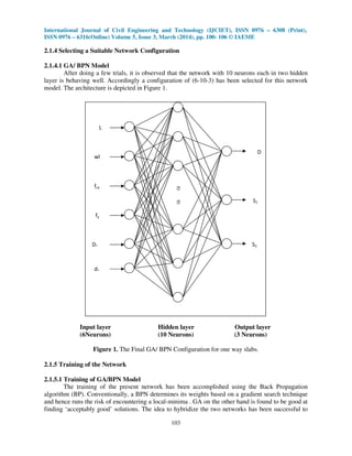 International Journal of Civil Engineering and Technology (IJCIET), ISSN 0976 – 6308 (Print),
ISSN 0976 – 6316(Online) Volume 5, Issue 3, March (2014), pp. 100- 106 © IAEME
103
2.1.4 Selecting a Suitable Network Configuration
2.1.4.1 GA/ BPN Model
After doing a few trials, it is observed that the network with 10 neurons each in two hidden
layer is behaving well. Accordingly a configuration of (6-10-3) has been selected for this network
model. The architecture is depicted in Figure 1.
Input layer Hidden layer Output layer
(6Neurons) (10 Neurons) (3 Neurons)
Figure 1. The Final GA/ BPN Configuration for one way slabs.
2.1.5 Training of the Network
2.1.5.1 Training of GA/BPN Model
The training of the present network has been accomplished using the Back Propagation
algorithm (BP). Conventionally, a BPN determines its weights based on a gradient search technique
and hence runs the risk of encountering a local-minima . GA on the other hand is found to be good at
finding ‘acceptably good’ solutions. The idea to hybridize the two networks has been successful to
D
S1
S2
L
wl
fck
fy
D1
d1
▪
▪
 