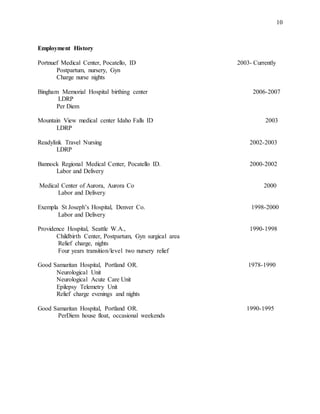 10
Employment History
Portnuef Medical Center, Pocatello, ID 2003- Currently
Postpartum, nursery, Gyn
Charge nurse nights
Bingham Memorial Hospital birthing center 2006-2007
LDRP
Per Diem
Mountain View medical center Idaho Falls ID 2003
LDRP
Readylink Travel Nursing 2002-2003
LDRP
Bannock Regional Medical Center, Pocatello ID. 2000-2002
Labor and Delivery
Medical Center of Aurora, Aurora Co 2000
Labor and Delivery
Exempla St Joseph’s Hospital, Denver Co. 1998-2000
Labor and Delivery
Providence Hospital, Seattle W.A., 1990-1998
Childbirth Center, Postpartum, Gyn surgical area
Relief charge, nights
Four years transition/level two nursery relief
Good Samaritan Hospital, Portland OR. 1978-1990
Neurological Unit
Neurological Acute Care Unit
Epilepsy Telemetry Unit
Relief charge evenings and nights
Good Samaritan Hospital, Portland OR. 1990-1995
PerDiem house float, occasional weekends
 