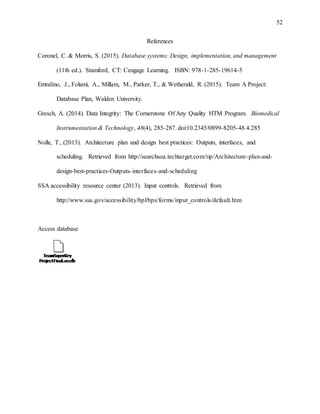 52
References
Coronel, C. & Morris, S. (2015). Database systems: Design, implementation, and management
(11th ed.). Stamford, CT: Cengage Learning. ISBN: 978-1-285-19614-5
Emralino, J., Folami, A., Millam, M., Parker, T., & Wetherald, R. (2015). Team A Project:
Database Plan, Walden University.
Gresch, A. (2014). Data Integrity: The Cornerstone Of Any Quality HTM Program. Biomedical
Instrumentation & Technology, 48(4), 285-287. doi:10.2345/0899-8205-48.4.285
Nolle, T., (2013). Architecture plan and design best practices: Outputs, interfaces, and
scheduling. Retrieved from http://searchsoa.techtarget.com/tip/Architecture-plan-and-
design-best-practices-Outputs-interfaces-and-scheduling
SSA accessibility resource center (2013). Input controls. Retrieved from
http://www.ssa.gov/accessibility/bpl/bps/forms/input_controls/default.htm
Access database
 