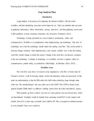 Running head: CURRENT STATE WORKFLOW 54
Gap Analysis Plan
Introduction
A gap analysis is the process of comparing the desired workflow with the actual
workflow and then identifying areas that can be improved on. There are methods that can assist
in gathering information. Direct observation, surveys, interviews, and data gathering can be used
to find problems or issues (Laureate Education, Inc. (Executive Producer). 2012).
Technology is being promoted as a way to improve productivity, safety, and
communication. Workflow is a consideration when implementing any technology. One view of
technology use is that the technology should match the existing work flow. This can be useful to
decrease change resistance when implementing a new system. Another view is that the existing
work flow should change to match the system. Change in the work flow can increase resistance
to the new technology. A change in technology or a workflow can have a negative effect on
communication, patient safety, or productivity (McGonigle, & Mastrian, (Eds.). 2012).
Workflow issue
The work flow issue that is of concern at my organization is the flow of order entry for
Women’s services. I will be focusing mainly on how the pharmacy orders are processed. At this
point my understanding is that the MD orders the L&D orders including drugs through using
order sets. The anesthesiologist also uses order sets in the CPOE. The CPOE is found on the
general hospital EMR which is a different charting system from the Labor and delivery system.
When patients go from a critical care area to a more general care area the previous orders
are discontinued. Examples would be transfer from operating room/PACU to the surgical unit,
transfer from ICU to med surg, or transfer from L&D to PP. This is accepted as standard practice
in every hospital I have ever worked in.
 