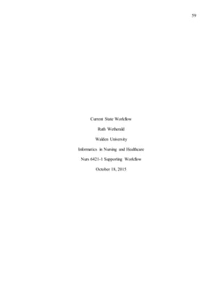 59
Current State Workflow
Ruth Wetherald
Walden University
Informatics in Nursing and Healthcare
Nurs 6421-1 Supporting Workflow
October 18, 2015
 