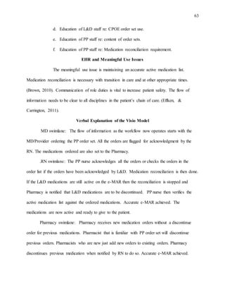 63
d. Education of L&D staff re: CPOE order set use.
e. Education of PP staff re: content of order sets.
f. Education of PP staff re: Medication reconciliation requirement.
EHR and Meaningful Use Issues
The meaningful use issue is maintaining an accurate active medication list.
Medication reconciliation is necessary with transition in care and at other appropriate times.
(Brown, 2010). Communication of role duties is vital to increase patient safety. The flow of
information needs to be clear to all disciplines in the patient’s chain of care. (Effken, &
Carrington, 2011).
Verbal Explanation of the Visio Model
MD swimlane: The flow of information as the workflow now operates starts with the
MD/Provider ordering the PP order set. All the orders are flagged for acknowledgment by the
RN. The medications ordered are also set to the Pharmacy.
.RN swimlane: The PP nurse acknowledges all the orders or checks the orders in the
order list if the orders have been acknowledged by L&D. Medication reconciliation is then done.
If the L&D medications are still active on the e-MAR then the reconciliation is stopped and
Pharmacy is notified that L&D medications are to be discontinued. PP nurse then verifies the
active medication list against the ordered medications. Accurate e-MAR achieved. The
medications are now active and ready to give to the patient.
Pharmacy swimlane: Pharmacy receives new medication orders without a discontinue
order for previous medications. Pharmacist that is familiar with PP order set will discontinue
previous orders. Pharmacists who are new just add new orders to existing orders. Pharmacy
discontinues previous medication when notified by RN to do so. Accurate e-MAR achieved.
 