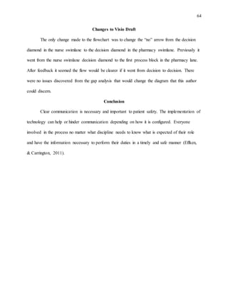 64
Changes to Visio Draft
The only change made to the flowchart was to change the “no” arrow from the decision
diamond in the nurse swimlane to the decision diamond in the pharmacy swimlane. Previously it
went from the nurse swimlane decision diamond to the first process block in the pharmacy lane.
After feedback it seemed the flow would be clearer if it went from decision to decision. There
were no issues discovered from the gap analysis that would change the diagram that this author
could discern.
Conclusion
Clear communication is necessary and important to patient safety. The implementation of
technology can help or hinder communication depending on how it is configured. Everyone
involved in the process no matter what discipline needs to know what is expected of their role
and have the information necessary to perform their duties in a timely and safe manner (Effken,
& Carrington, 2011).
 
