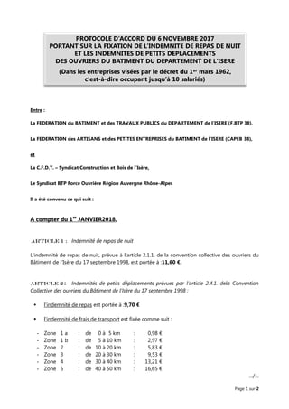 Page 1 sur 2
Entre :
La FEDERATION du BATIMENT et des TRAVAUX PUBLICS du DEPARTEMENT de l'ISERE (F.BTP 38),
La FEDERATION des ARTISANS et des PETITES ENTREPRISES du BATIMENT de l'ISERE (CAPEB 38),
et
La C.F.D.T. – Syndicat Construction et Bois de l’Isère,
Le Syndicat BTP Force Ouvrière Région Auvergne Rhône-Alpes
Il a été convenu ce qui suit :
A compter du 1er
JANVIER2018,
Article 1 : Indemnité de repas de nuit
L’indemnité de repas de nuit, prévue à l’article 2.1.1. de la convention collective des ouvriers du
Bâtiment de l’Isère du 17 septembre 1998, est portée à :11,60 €.
Article 2 : Indemnités de petits déplacements prévues par l’article 2.4.1. dela Convention
Collective des ouvriers du Bâtiment de l’Isère du 17 septembre 1998 :
 l’indemnité de repas est portée à :9,70 €
 l’indemnité de frais de transport est fixée comme suit :
- Zone 1 a : de 0 à 5 km : 0,98 €
- Zone 1 b : de 5 à 10 km : 2,97 €
- Zone 2 : de 10 à 20 km : 5,83 €
- Zone 3 : de 20 à 30 km : 9,53 €
- Zone 4 : de 30 à 40 km : 13,21 €
- Zone 5 : de 40 à 50 km : 16,65 €
…/…
PROTOCOLE D’ACCORD DU 6 NOVEMBRE 2017
PORTANT SUR LA FIXATION DE L’INDEMNITE DE REPAS DE NUIT
ET LES INDEMNITES DE PETITS DEPLACEMENTS
DES OUVRIERS DU BATIMENT DU DEPARTEMENT DE L'ISERE
(Dans les entreprises visées par le décret du 1er mars 1962,
c'est-à-dire occupant jusqu’à 10 salariés)
 