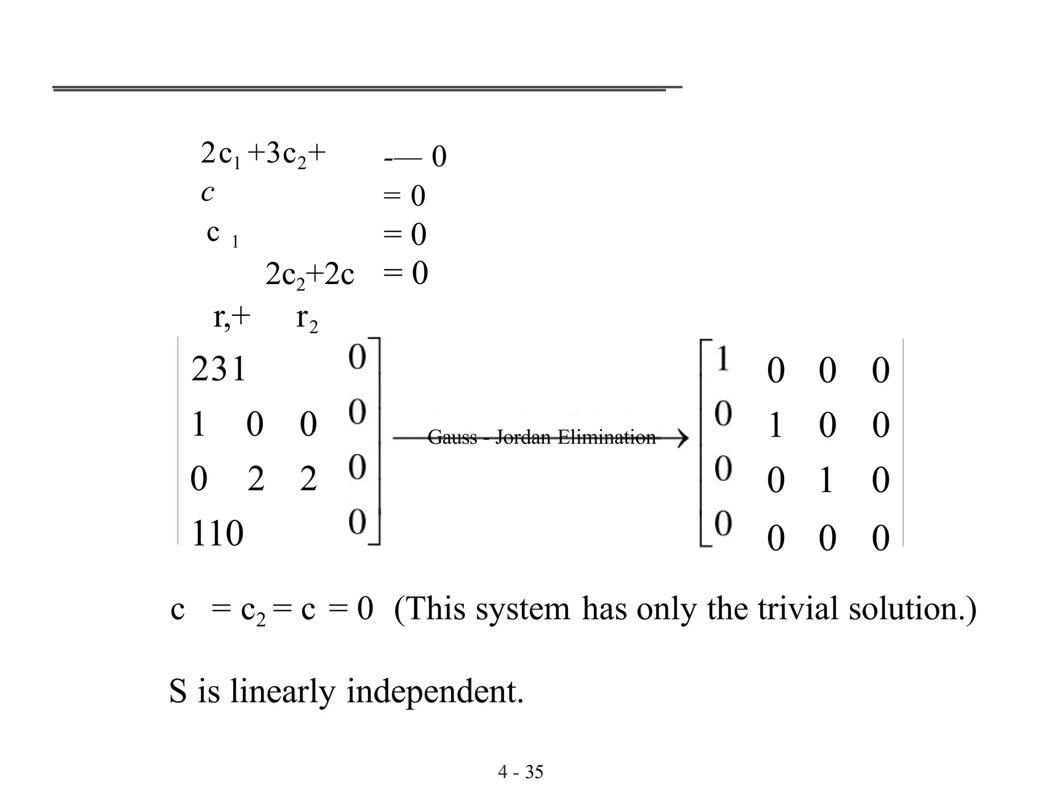 2cl +3c2+
c
c 1
2c2+2c
r,+ r2
-— 0
= 0
= 0
= 0
231 0 0 0
1 0 0 Gauss - Jordan Elimination 1 0 0
0 2 2 0 1 0
110 0 0 0
4 - 35
c = c2 = c = 0 (This system has only the trivial solution.)
S is linearly independent.
 