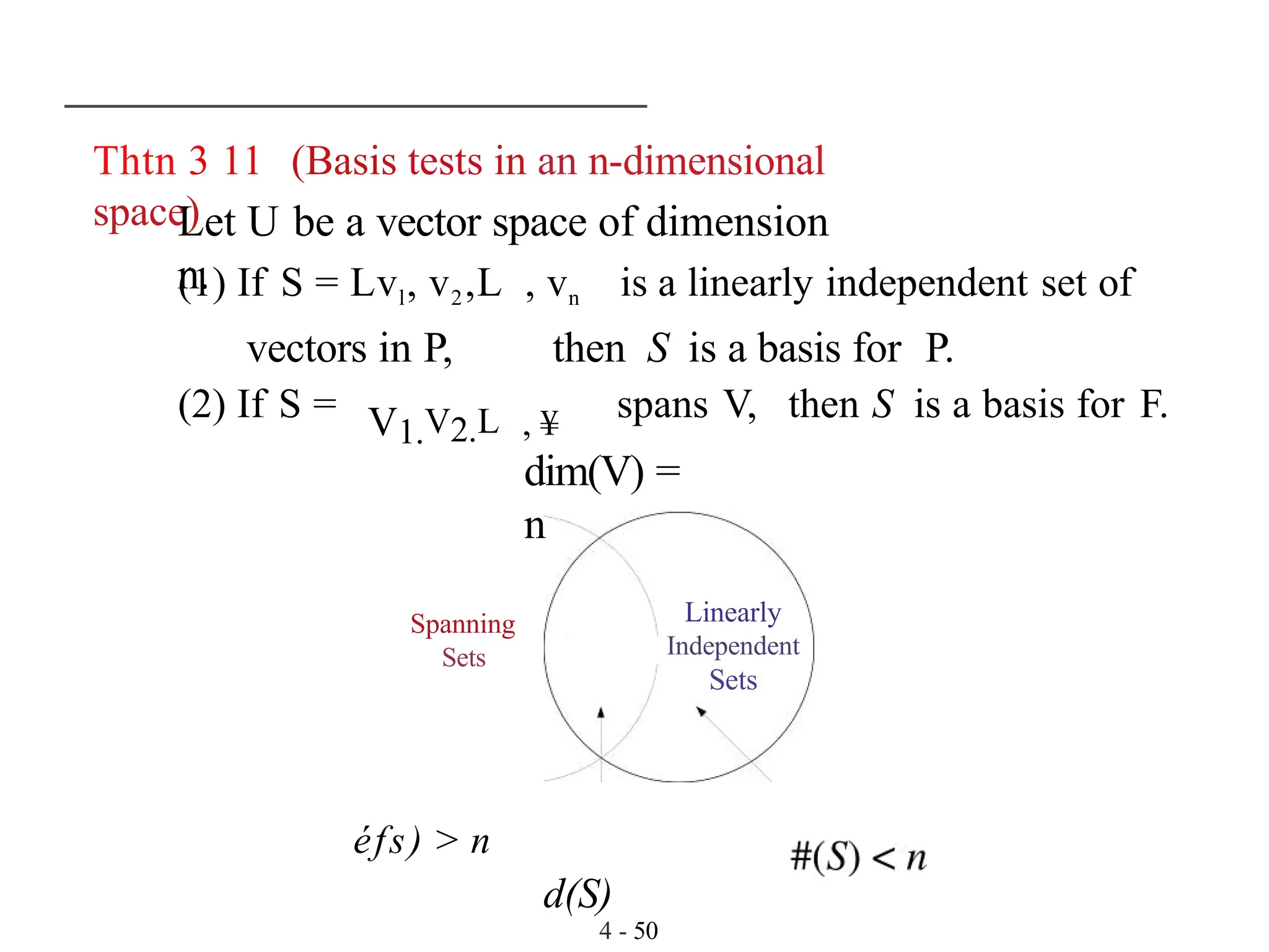 Thtn 3 11 (Basis tests in an n-dimensional
space)
4 - 50
Let U be a vector space of dimension
n.
(1) If S = Lvl, v2,L , vn is a linearly independent set of
vectors in P, then S is a basis for P.
V1.V2.L , ¥
(2) If S = spans V, then S is a basis for F.
dim(V) =
n
Spanning
Sets
éfs) > n
d(S)
Linearly
Independent
Sets
 