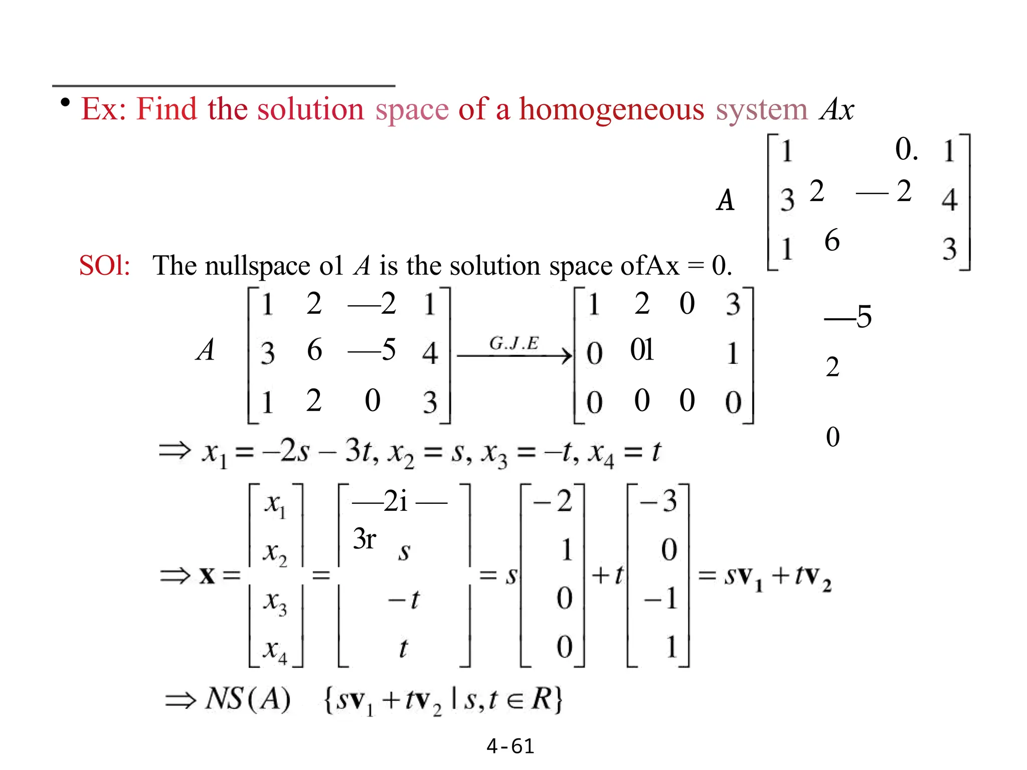 A
SOl: The nullspace o1 A is the solution space ofAx = 0.
4-61
• Ex: Find the solution space of a homogeneous system Ax
0.
2 — 2
6
—5
2
0
2 —2 2 0
A 6 —5 01
2 0 0 0
—2i —
3r
 