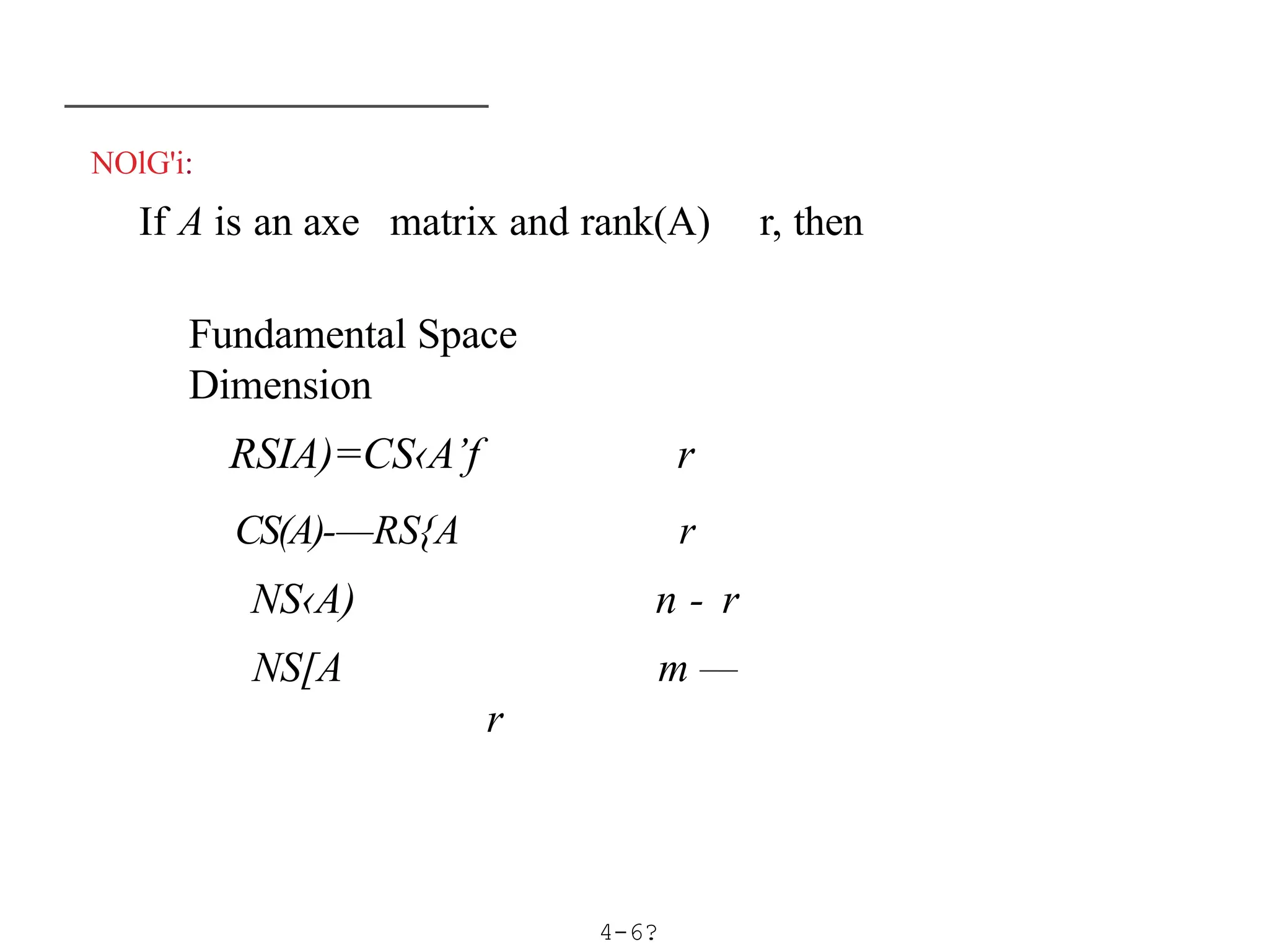 NOlG'i:
If A is an axe matrix and rank(A) r, then
Fundamental Space
Dimension
RSIA)=CS‹A’f r
CS(A)-—RS{A r
NS‹A) n - r
NS[A m —
r
4-6?
 