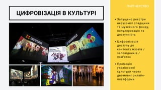 ЦИФРОВІЗАЦІЯ В КУЛЬТУРІ
Запущено реєстри
нерухомої спадщини
та музейного фонду,
популяризація та
доступність
Цифровізація
доступу до
контенту музеїв /
заповідників /
памʼяток
ПАРТНЕРСТВО
Промоція
української
культури через
двомовні онлайн-
платформи
 