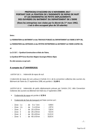 Page 1 sur 2
Entre :
La FEDERATION du BATIMENT et des TRAVAUX PUBLICS du DEPARTEMENT de l'ISERE (F.BTP 38),
La FEDERATION des ARTISANS et des PETITES ENTREPRISES du BATIMENT de l'ISERE (CAPEB 38),
et
La C.F.D.T. – Syndicat Construction et Bois de l’Isère,
Le Syndicat BTP Force Ouvrière Région Auvergne Rhône-Alpes
Il a été convenu ce qui suit :
A compter du 1er
JANVIER2018,
Article 1 : Indemnité de repas de nuit
L’indemnité de repas de nuit, prévue à l’article 2.1.1. de la convention collective des ouvriers du
Bâtiment de l’Isère du 17 septembre 1998, est portée à : 11,60 €.
Article 2 : Indemnités de petits déplacements prévues par l’article 2.4.1. dela Convention
Collective des ouvriers du Bâtiment de l’Isère du 17 septembre 1998 :
 l’indemnité de repas est portée à :9,70 €
 l’indemnité de frais de transport est fixée comme suit :
- Zone 1 a : de 0 à 5 km : 0,98 €
- Zone 1 b : de 5 à 10 km : 2,97 €
- Zone 2 : de 10 à 20 km : 5,83 €
- Zone 3 : de 20 à 30 km : 9,53 €
- Zone 4 : de 30 à 40 km : 13,21 €
- Zone 5 : de 40 à 50 km : 16,65 €
…/…
PROTOCOLE D’ACCORD DU 6 NOVEMBRE 2017
PORTANT SUR LA FIXATION DE L’INDEMNITE DE REPAS DE NUIT
ET LES INDEMNITES DE PETITS DEPLACEMENTS
DES OUVRIERS DU BATIMENT DU DEPARTEMENT DE L'ISERE
(Dans les entreprises non visées par le décret du 1er mars 1962,
c'est-à-dire occupant plus de 10 salariés)
 