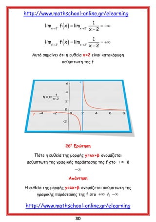 http://www.mathschool-online.gr/elearning
limx →2− f ( x ) = limx →2−

1
= −∞
x −2

limx →2+ f ( x ) = limx →2+

1
= +∞
x −2

Aυτό σημαίνει ότι η ευθεία x=2 είναι κατακόρυφη
ασύμπτωτη της f

26η Ερώτηση
Πότε η ευθεία της μορφής y=λx+β ονομάζεται
ασύμπτωτη της γραφικής παράστασης της f στο +∞ ή

−∞
Απάντηση
Η ευθεία της μορφής y=λx+β ονομάζεται ασύμπτωτη της
γραφικής παράστασης της f στο +∞ ή −∞

http://www.mathschool-online.gr/elearning
30

 