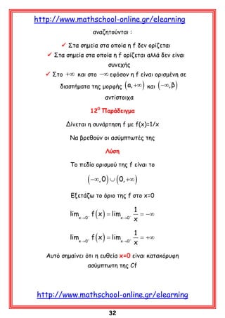 http://www.mathschool-online.gr/elearning
αναζητούνται :
 Στα σημεία στα οποία η f δεν ορίζεται
 Στα σημεία στα οποία η f ορίζεται αλλά δεν είναι
συνεχής
 Στο +∞ και στο −∞ εφόσον η f είναι ορισμένη σε

(

)

(

διαστήματα της μορφής a, +∞ και −∞, β

)

αντίστοιχα
120 Παράδειγμα
Δίνεται η συνάρτηση f με f(x)=1/x
Nα βρεθούν οι ασύμπτωτές της
Λύση
Το πεδίο ορισμού της f είναι το

( −∞, 0 ) ∪ ( 0, +∞ )
Εξετάζω το όριο της f στο x=0

limx → 0− f ( x ) = limx → 0−

1
= −∞
x

limx → 0+ f ( x ) = limx → 0+

1
= +∞
x

Aυτό σημαίνει ότι η ευθεία x=0 είναι κατακόρυφη
ασύμπτωτη της Cf

http://www.mathschool-online.gr/elearning
32

 