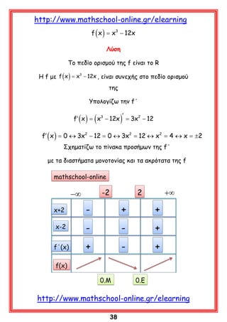 http://www.mathschool-online.gr/elearning
f ( x ) x3 − 12x
=
Λύση
Το πεδίο ορισμού της f είναι το R
=
Η f με f ( x ) x3 − 12x , είναι συνεχής στο πεδίο ορισμού

της
Υπολογίζω την f΄

(

)

′
f′ ( x ) =x3 − 12x = 2 − 12
3x

f′ ( x ) = 0 ↔ 3x2 − 12 = 0 ↔ 3x2 = 12 ↔ x2 = 4 ↔ x = ±2
Σχηματίζω το πίνακα προσήμων της f΄
με τα διαστήματα μονοτονίας και τα ακρότατα της f

http://www.mathschool-online.gr/elearning
38

 