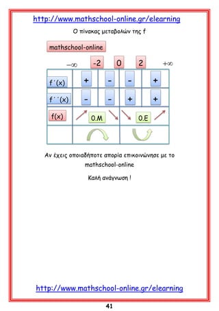 http://www.mathschool-online.gr/elearning
Ο πίνακας μεταβολών της f

Αν έχεις οποιαδήποτε απορία επικοινώνησε με το
mathschool-online
Kαλή ανάγνωση !

http://www.mathschool-online.gr/elearning
41

 
