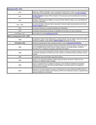 Revolución (1910 - 1917)

                                     Francisco I. Madero promulga un plan revolucionario llamado Plan de San Luis, donde desconoce a
                 1910
                                     Porfirio Díaz como presidente e insita a la población a levantarse en armas el 20 de noviembre.

                                     Emiliano Zapata promulga el Plan de Ayala a fin de que para que se les restituyeran las tierras a
                 1911
                                     los indígenas.

                                     Victoriano Huerta traiciona a Madero a lo que se le llama "Decena Trágica", por lo que Madero es
                 1913
                                     aprendido y asesinado.

                                     En contra de Huerta, Francisco Villa y Venustiano Carranza realizan levantamientos en el norte y
              1913 - 1914
                                     Emiliano Zapata en el sur.

                 1915                Venustiano Carranza es nombrado Presidente de la República.

                 1916                Los lideres revolucionarios se reúnen en Querétaro par formular una nueva Constitución.

           5 de Febrero 1917         Se proclama la nueva Constitución de 1917.

México Contemporáneo (1917 - 2003)

                                     El presidente Plutarco Elías Calles lanza un decreto llamado "Ley de Calles", donde se le quitaron
                 1926
                                     derechos a la Iglesia, lo que desató la Guerra cristera que terminó en 1929.

           18 de Marzo 1938          Durante la presidencia de Lázaro Cárdenas se llevó a cabo la Expropiación Petrolera.

                                     Durante la Segunda Guerra Mundial, submarinos alemanes hunden dos barcos mexicanos, por lo
                 1942                que el Presidente Manuel Ávila Camacho declara la guerra a los países del eje, y manda al
                                     Escuadrón 201 a participar en la guerra uniéndose a los aliados.

                                     A punto de comenzar las olimpiadas en el país, estalla la violencia por parte del gobierno contra un
                 1968                movimiento estudiantil en la Plaza de las Tres Culturas en la ciudad de México causando muchas
                                     muertes.

                 1982                El presidente José López Portillo nacionaliza la Banca.

                                     Estando como presidente de México Carlos Salinas de Gortari se firma el Tratado de Libre
                 1994
                                     Comercio con Estados Unidos y Canadá.

                                     Surge un levantamiento en el estado de Chispas a cargo del Ejercito Zapatista de Liberación
                 1994                Nacional (EZLN) al mando del Subcomandante Marcos, que luchan para que se respete los
                                     derechos de los indígenas.

                                     Después de 70 años de estar en el poder, el Partido Revolucionario Institucional (PRI) pierde las
                 2000                elecciones, ganando el Partido Acción Nacional (PAN) con el candidato Vicente Fox Quezada quien
                                     ocupa la presidencia en Diciembre.
 