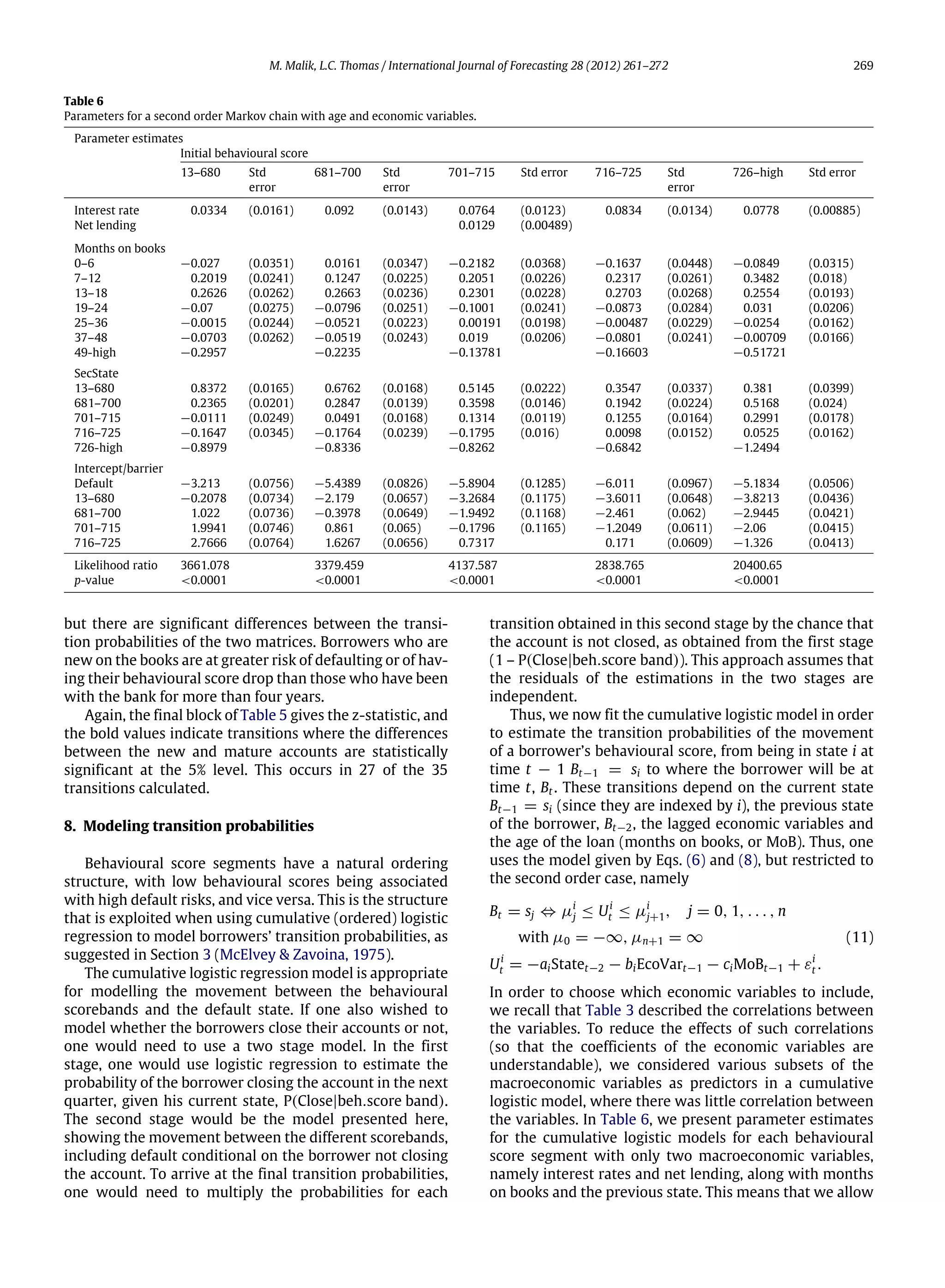 M. Malik, L.C. Thomas / International Journal of Forecasting 28 (2012) 261–272 269
Table 6
Parameters for a second order Markov chain with age and economic variables.
Parameter estimates
Initial behavioural score
13–680 Std
error
681–700 Std
error
701–715 Std error 716–725 Std
error
726–high Std error
Interest rate 0.0334 (0.0161) 0.092 (0.0143) 0.0764 (0.0123) 0.0834 (0.0134) 0.0778 (0.00885)
Net lending 0.0129 (0.00489)
Months on books
0–6 −0.027 (0.0351) 0.0161 (0.0347) −0.2182 (0.0368) −0.1637 (0.0448) −0.0849 (0.0315)
7–12 0.2019 (0.0241) 0.1247 (0.0225) 0.2051 (0.0226) 0.2317 (0.0261) 0.3482 (0.018)
13–18 0.2626 (0.0262) 0.2663 (0.0236) 0.2301 (0.0228) 0.2703 (0.0268) 0.2554 (0.0193)
19–24 −0.07 (0.0275) −0.0796 (0.0251) −0.1001 (0.0241) −0.0873 (0.0284) 0.031 (0.0206)
25–36 −0.0015 (0.0244) −0.0521 (0.0223) 0.00191 (0.0198) −0.00487 (0.0229) −0.0254 (0.0162)
37–48 −0.0703 (0.0262) −0.0519 (0.0243) 0.019 (0.0206) −0.0801 (0.0241) −0.00709 (0.0166)
49-high −0.2957 −0.2235 −0.13781 −0.16603 −0.51721
SecState
13–680 0.8372 (0.0165) 0.6762 (0.0168) 0.5145 (0.0222) 0.3547 (0.0337) 0.381 (0.0399)
681–700 0.2365 (0.0201) 0.2847 (0.0139) 0.3598 (0.0146) 0.1942 (0.0224) 0.5168 (0.024)
701–715 −0.0111 (0.0249) 0.0491 (0.0168) 0.1314 (0.0119) 0.1255 (0.0164) 0.2991 (0.0178)
716–725 −0.1647 (0.0345) −0.1764 (0.0239) −0.1795 (0.016) 0.0098 (0.0152) 0.0525 (0.0162)
726-high −0.8979 −0.8336 −0.8262 −0.6842 −1.2494
Intercept/barrier
Default −3.213 (0.0756) −5.4389 (0.0826) −5.8904 (0.1285) −6.011 (0.0967) −5.1834 (0.0506)
13–680 −0.2078 (0.0734) −2.179 (0.0657) −3.2684 (0.1175) −3.6011 (0.0648) −3.8213 (0.0436)
681–700 1.022 (0.0736) −0.3978 (0.0649) −1.9492 (0.1168) −2.461 (0.062) −2.9445 (0.0421)
701–715 1.9941 (0.0746) 0.861 (0.065) −0.1796 (0.1165) −1.2049 (0.0611) −2.06 (0.0415)
716–725 2.7666 (0.0764) 1.6267 (0.0656) 0.7317 0.171 (0.0609) −1.326 (0.0413)
Likelihood ratio 3661.078 3379.459 4137.587 2838.765 20400.65
p-value <0.0001 <0.0001 <0.0001 <0.0001 <0.0001
but there are significant differences between the transi-
tion probabilities of the two matrices. Borrowers who are
new on the books are at greater risk of defaulting or of hav-
ing their behavioural score drop than those who have been
with the bank for more than four years.
Again, the final block of Table 5 gives the z-statistic, and
the bold values indicate transitions where the differences
between the new and mature accounts are statistically
significant at the 5% level. This occurs in 27 of the 35
transitions calculated.
8. Modeling transition probabilities
Behavioural score segments have a natural ordering
structure, with low behavioural scores being associated
with high default risks, and vice versa. This is the structure
that is exploited when using cumulative (ordered) logistic
regression to model borrowers’ transition probabilities, as
suggested in Section 3 (McElvey & Zavoina, 1975).
The cumulative logistic regression model is appropriate
for modelling the movement between the behavioural
scorebands and the default state. If one also wished to
model whether the borrowers close their accounts or not,
one would need to use a two stage model. In the first
stage, one would use logistic regression to estimate the
probability of the borrower closing the account in the next
quarter, given his current state, P(Close|beh.score band).
The second stage would be the model presented here,
showing the movement between the different scorebands,
including default conditional on the borrower not closing
the account. To arrive at the final transition probabilities,
one would need to multiply the probabilities for each
transition obtained in this second stage by the chance that
the account is not closed, as obtained from the first stage
(1 – P(Close|beh.score band)). This approach assumes that
the residuals of the estimations in the two stages are
independent.
Thus, we now fit the cumulative logistic model in order
to estimate the transition probabilities of the movement
of a borrower’s behavioural score, from being in state i at
time t − 1 Bt−1 = si to where the borrower will be at
time t, Bt . These transitions depend on the current state
Bt−1 = si (since they are indexed by i), the previous state
of the borrower, Bt−2, the lagged economic variables and
the age of the loan (months on books, or MoB). Thus, one
uses the model given by Eqs. (6) and (8), but restricted to
the second order case, namely
Bt = sj ⇔ µi
j ≤ Ui
t ≤ µi
j+1, j = 0, 1, . . . , n
with µ0 = −∞, µn+1 = ∞
Ui
t = −aiStatet−2 − biEcoVart−1 − ciMoBt−1 + εi
t .
(11)
In order to choose which economic variables to include,
we recall that Table 3 described the correlations between
the variables. To reduce the effects of such correlations
(so that the coefficients of the economic variables are
understandable), we considered various subsets of the
macroeconomic variables as predictors in a cumulative
logistic model, where there was little correlation between
the variables. In Table 6, we present parameter estimates
for the cumulative logistic models for each behavioural
score segment with only two macroeconomic variables,
namely interest rates and net lending, along with months
on books and the previous state. This means that we allow
 