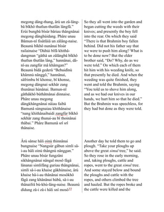 megong dâng-thang, ârù un zâ-lâng-
bâ bîkhô thutlun-thutlân lângfâ.”
Erùi bungbâ bîsùr bâriau thâng­
nânai
megong dânghùidang. Phâre unau
Bâmun-nî fisâtlâiâ un zâlâng-naise.
Beaunù bîkhô nunânai bîsùr
railainaise “Dùhùi bîfâ khithâ-
dangman “gåthå un zâlângbâ bîkhô
thutlun thutlân lâng,” hannânai, dâ-
nî-au zang­
fùr mâ khâmgan?”
Beaunù bîdâ gederâ “Bebaidînù
khâmnù nânggô,” hannânai,
sâfrimbu bî khonse, bî khonse,
megong dâng­
nai sekhâr zang
thunânai hùnânai. Bamun-nî
gåthåkhô bùthâtnânai dinnaise.
Phâre unau megong
dângkhângnânai nåiau faibâ
Bamunâ sùngnaiau khithânaise
“nang khithânaibaidi zangfùr bîkhô
sekhâr zang thunai-au bî thoinânai
thâbai.” Phâre Bamu­
nâ srî srî
thânaise.
So they all went into the garden and
began cutting the weeds with their
knives; and presently the boy fell
into the rear. On which they said
“There is that Brahmin boy fallen
behind. Did not his father say that
we were to push him along? What is
to be done now? But the elder
brother said, “Do? Why, do as we
were told.” On which each of them
hit him with his weeding knife, so
that presently he died. And when the
weeding was quite finished, they
went and told the Brahmin, saying
“You told us to shove him along,
and as we had our knives in our
hands, we hurt him so that he died.”
But the Brahmin was speechless, for
they had but done as they were told.
Ârù sânse hâli oinù thinnânai
bungnaise “Nangsùr gâbun simli sâ-
i-au hâli oinù thângnù nânggan.”
Phâre unau bîsùr fungzâni
sikhângnânai nângal mosô fâgâ
lânanai simlifâng guriau thângnânai,
simli sâ-i-au khaise gâkhùnaise, ârú
khaise hâ-i-au thânânai mosôkhô
fâgâ zang khâ­
nânai hùbâ, sâ-i-au
thânaifrâ bù-khù-lâng-naise. Beaunù
dîdung zå-i zå-i hâli snî mosô22
Another day he told them to go and
plough. “Take your ploughs up
above the great simul tree,” he said.
So they rose in the early morning,
and, taking ploughs, cattle and
ropes, went to the great simul tree.
And some stayed below and bound
the ploughs and cattle with the
ropes, and others climbed the tree
and hauled. But the ropes broke and
the cattle were killed and the
 