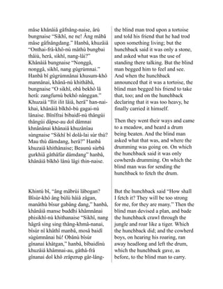 mâse khânâiâ gâfnâng-naise, ârù
bungnaise “Sikhî, ne ne! Âng mâbâ
mâse gâfnâng­
dang.” Hanbâ, khuzâiâ
“Onthai-frâ-khô-nù mâthù bungbai
thâiù, herâ, sikhî, nang-lâi?”
Khânâiâ bungnaise “Nonggâ,
nonggâ, sikhî, nang gùgrùmnai.”
Hanbâ bî gùgrùmnânai khusum-khô
mannânai, khânâ-nù khithâbâ,
bungnaise “O sikhî, obâ bekhô lâ
herâ: zangfurnù bekhô nâng­
gan.”
Khuzaiâ “Ilit ilit lâiâ, herâ” han-nai-
khai, khânâiâ bîkhô-bù gagai-nù
lânaise. Bînî­
frai bibaidî-nù thângùi
thângùi dâpse-au dol dâmnai
khnânânai khânaiâ khuzânîau
sùngnaise “Sikhî bî dolâ-lai sùr thù?
Mau thù dâmdang, herâ?” Hanbâ
khuzaiâ khithânaise; Beaunù sùrbâ
gurkhiâ gåthåfùr dâm­
dang” hanbâ,
khânâiâ bîkhô lânù lâgi thin-naise.
the blind man trod upon a tortoise
and told his friend that he had trod
upon something living; but the
hunchback said it was only a stone,
and asked what was the use of
standing there talking. But the blind
man begged him to feel and see.
And when the hunchback
announced that it was a tortoise, the
blind man begged his friend to take
that, too; and on the hunchback
declaring that it was too heavy, he
finally carried it himself.
Then they went their ways and came
to a meadow, and heard a drum
being beaten. And the blind man
asked what that was, and where the
drumming was going on. On which
the hunchback said it was only
cowherds drumming. On which the
blind man was for sending the
hunchback to fetch the drum.
Khintù bî, “âng mâbrùi lâbogan?
Bîsùr-khô âng bùlù hâiâ zâgan,
manâthù bîsur gabâng dang,” hanbâ,
khânâiâ manse buddhi khâmnânai
phisikhî-nù khithanaise “Sikhî, nang
hâgrâ sing sing thâng-khmâ-nanai,
bîsùr nî khâthî manbâ, mosâ baidî
sùgùmnânai hù! Obânù bîsùr
gînanai khâtgan,” hanbâ, bîbai­
dînù
khuzâiâ khâmnai-au, gåthå-frâ
gînanai dol khô zrâpzrup gâr-lâng-
But the hunchback said “How shall
I fetch it? They will be too strong
for me, for they are many.” Then the
blind man devised a plan, and bade
the hunchback crawl through the
jungle and roar like a tiger. Which
the hunchback did; and the cowherd
boys, on hearing his roaring, ran
away headlong and left the drum,
which the hunchback gave, as
before, to the blind man to carry.
 