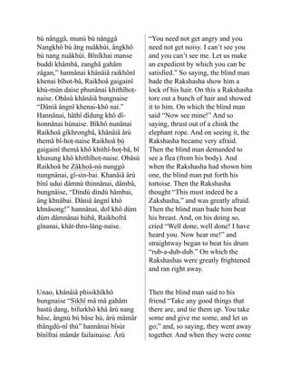 bù nânggâ, munù bù nânggâ
Nangkhô bù âng nuâ­
khùi, ângkhô
bù nang nuâ­
khùi. Bînîkhai manse
buddi khâmbâ, zanghâ gahâm
zâgan,” hannânai khânâiâ raikhônî
khenai bîhot-bâ, Raikhoâ gaigainî
khù-mùn daise phunânai khithîhoṭ-
naise. Obâsù khânâiâ bungnaise
“Dâniâ ângnî khenai-khô nai.”
Hannânai, hâthî dîdung khô dî­
‐
honnânai hùnaise. Bîkhô nunâ­
nai
Raikhoâ gîkhrongbâ, khânâiâ ârù
themâ bî-hoṭ-naise Raikhoâ bù
gaigainî themâ khô khithî-hoṭ-bâ, bî
khusung khô khithîhoṭ-naise. Obâsù
Raikhoâ be Zâkhoâ-nù nunggô
nungnânai, gî-sin-bai. Khanâiâ ârù
bînî udui dâmnù thinnânai, dâmbâ,
bungnâise, “Dindù dindù hâmbai,
âng khnâbai. Dâniâ ângnî khô
khnâsong!” hannânai, dol khô dùm
dùm dâmnânai hùbâ, Rai­
khofrâ
gînanai, khât-thro-lâng-naise.
“You need not get angry and you
need not get noisy. I can’t see you
and you can’t see me. Let us make
an expedient by which you can be
satisfied.” So saying, the blind man
bade the Rakshasha show him a
lock of his hair. On this a Rakshasha
tore out a bunch of hair and showed
it to him. On which the blind man
said “Now see mine!” And so
saying, thrust out of a chink the
elephant rope. And on seeing it, the
Rakshasha became very afraid.
Then the blind man demanded to
see a flea (from his body). And
when the Rakshasha had shown him
one, the blind man put forth his
tortoise. Then the Rakshasha
thought “This must indeed be a
Zakshasha,” and was greatly afraid.
Then the blind man bade him beat
his breast. And, on his doing so,
cried “Well done, well done! I have
heard you. Now hear me!” and
straightway began to beat his drum
“rub-a-dub-dub.” On which the
Rakshashas were greatly frightened
and ran right away.
Unao, khânâiâ phisikhîkhô
bungnaise “Sikhî mâ mâ gahâm
bastù dang, bifurkhô khâ ârù nang
bâse, ângnù bù bâse hù, ârù mâmâr
thângdù-nî thù” hannâ­
nai bîsùr
bînîfrai mâmâr failainaise. Ârù
Then the blind man said to his
friend “Take any good things that
there are, and tie them up. You take
some and give me some, and let us
go;” and, so saying, they went away
together. And when they were come
 