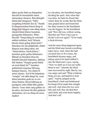 dâpse gazân thâni-au thâng­
nânai
khuzâiâ be bastufarkhô rânnù
nâmainânai rânnaise, Rân-khângbâ
khânâ-khô bungnaise “Sikhî
nangthâng bobekhô lâiu lâ,” Hanbâ
bî dângnainanânai khuzâ thing-nî
bhâgù-khô bângsin man-dâng-nânai,
rânnâiâ hâmâ khùise hannânai,
golaigothai khâmnaise. Phâre
khuzâiâ “Nang-thâng-lai nuâ-labâ
mâbrùi mithînai, herâ? Khonle
khonle rânnù gnâng khâm-hùiù!”
Hannânai ârù rân-phâphinbâ, obâbù
bâng­
sin man-dâng-nânai, ârù
“Hamâ-khùise, hamâ-khùise,”
hannânai golai-gothai khâmnaise.
Bîbaidî nù khonbrùi khon-bâ
khâmbâ khuzâiâ brâpnânai, âkhâiau
bâli lânânai “Nanglai gomâ khânâ
nâ misâ khânâ lùi?” hannânai
gahâmùinù megonau bâlizang
hùnânai hùnaise. Ârù obânù bî
nunai zânaise. Ârù bî bù brâpnânai;
“nunglai” mâ sâbâ dângâ lùi, nunù
hâma hannânai godo-au zo-sin-
nânai lânânai, khuzâ bikhung-au
gomâgom sobai thâbâ bîbù gahâm
zânaise. Unau sânùi zang gahâm zâ-
lai-nâise, ârù bastù-fùr-khô gahâmùi
rân­
lainânai, nå-i-au thâng-lai-naise.
Zapbai!
to a far place, the hunchback began
dividing the spoil. And, when that
was done, he bade his friend take
which share he would. But the blind
man groped about and found that
the share nearest to the hunchback
was the biggest. So the hunchback
said “How did you, without seeing,
find that out? Now I have got to
divide it all over again!” So he made
a fresh division.
And the same thing happened again,
and the blind man turned everything
topsy-turvy. And, when this had
occurred four or five times, the
hunchback became angry, and
taking sand in his hand rubbed it
into the blind man’s eyes, saying
“Now we shall see if you are really
blind or not;” whereby the blind
man recovered his sight. But he, too,
was angry and said “What a hideous
thing you are, and hateful to look
upon.” And he jumped on the
hunchback’s back and belaboured
his hump till he made him straight
and well. And when the two were
hale and well, they divided their
spoil fairly and went home happily.
And that’s all!
 