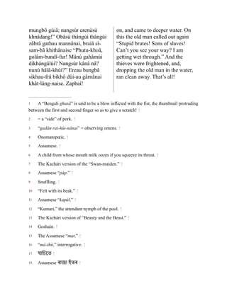 1
2
3
4
5
6
7
8
9
10
11
12
13
14
15
16
17
18
mungbô gùiâ; nangsùr erenùsù
khnâdang!” Obâsù thângùi thângùi
zâbrâ gathau mannânai, braiâ sî-
sam-bâ khithânaise “Phutu-khoâ,
golâm-bundî-fur! Mânù gahâmùi
dikhângâlùi? Nangsùr kânâ nâ?
nunù hâïâ-khùi?” Ereau bung­
bâ
sikhau-frâ bikhô dùi-au gârnâ­
nai
khât-lâng-naise. Zapbai!
on, and came to deeper water. On
this the old man called out again
“Stupid brutes! Sons of slaves!
Can’t you see your way? I am
getting wet through.” And the
thieves were frightened, and,
dropping the old man in the water,
ran clean away. That’s all!
A “Bengali ghusâ” is said to be a blow inflicted with the fist, the thumbnail protruding
between the first and second finger so as to give a scratch! ↑
= a “side” of pork. ↑
“gadân rai-hùi-nânai” = observing omens. ↑
Onomatopœic. ↑
Assamese. ↑
A child from whose mouth milk oozes if you squeeze its throat. ↑
The Kachári version of the “Swan-maiden.” ↑
Assamese “páp.” ↑
Snuffling. ↑
“Felt with its beak.” ↑
Assamese “kapál.” ↑
“Kumari,” the attendant nymph of the pool. ↑
The Kachári version of “Beauty and the Beast.” ↑
Goshain. ↑
The Assamese “mat.” ↑
“mâ-thù,” interrogative. ↑
যাচিতে ↑
Assamese ৰাজা হঁতৰ ↑
 