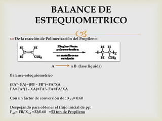  De la reacción de Polimerización del Propileno:
A n B (fase liquida)
Balance estequiometrico
(FA°- FA)=(FB – FB°)=FA°XA
FA=FA°(1 - XA)=FA°- FA=FA°XA
Con un factor de conversión de : XAF= 0.60
Despejando para obtener el flujo inicial de pp:
FA0= FB/ XAF =32/0.60 =53 ton de Propileno
BALANCE DE
ESTEQUIOMETRICO
 