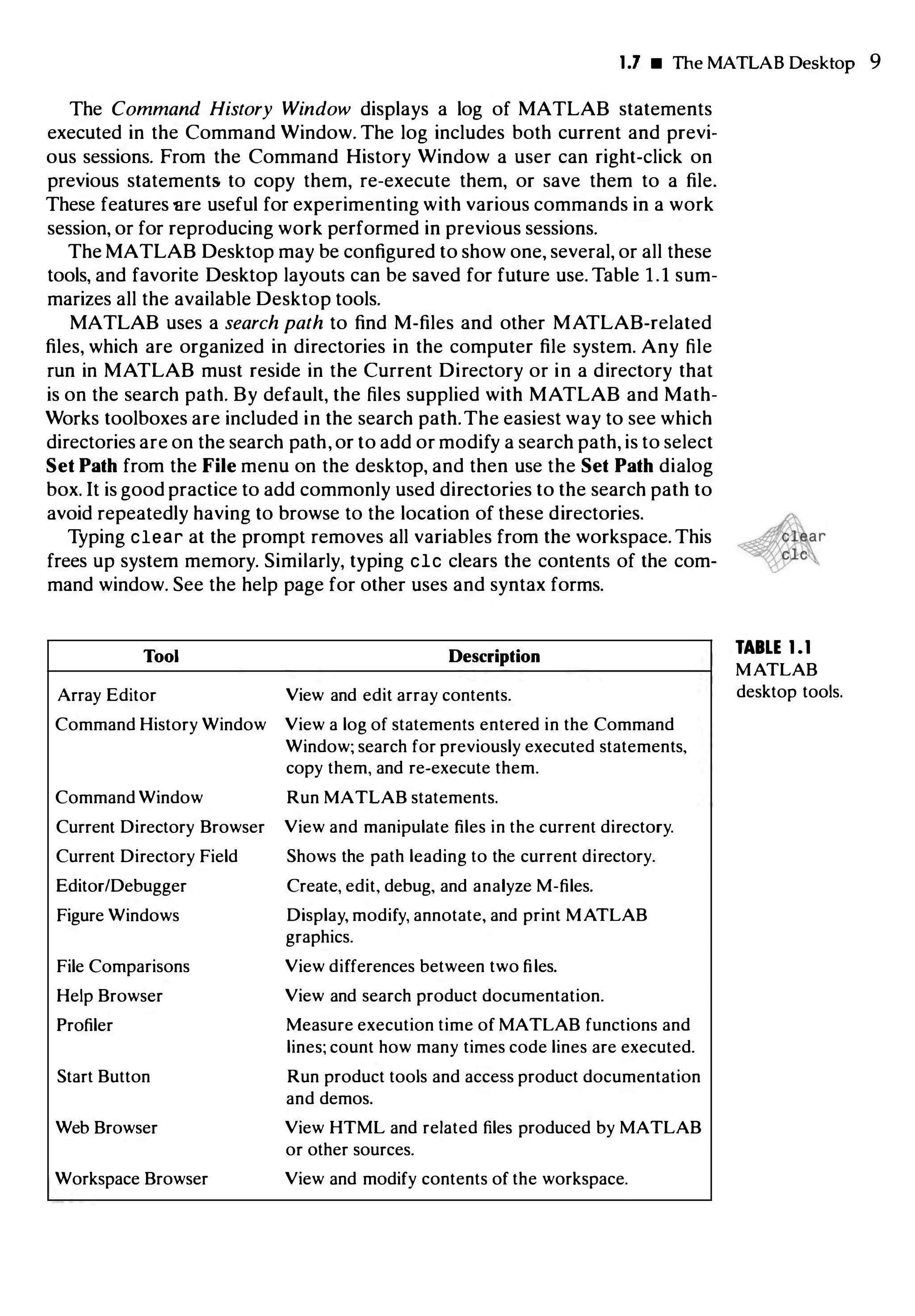 1.7 • The MATLAB Desktop 9
The Command History Window displays a log of MATLAB statements
executed in the Command Window. The log includes both current and previ­
ous sessions. From the Command History Window a user can right-click on
previous statements to copy them, re-execute them, or save them to a file.
These features 'Bfe useful for experimenting with various commands in a work
session, or for reproducing work performed in previous sessions.
The MATLAB Desktop may be configured to show one, several, or all these
tools, and favorite Desktop layouts can be saved for future use. Table 1.1 sum­
marizes all the available Desktop tools.
MATLAB uses a search path to find M-files and other MATLAB-related
files, which are organized in directories in the computer file system. Any file
run in MATLAB must reside in the Current Directory or in a directory that
is on the search path. By default, the files supplied with MATLAB and Math­
Works toolboxes are included in the search path.The easiest way to see which
directories are on the search path, or to add or modify a search path, is to select
Set Path from the File menu on the desktop, and then use the Set Path dialog
box. It is good practice to add commonly used directories to the search path to
avoid repeatedly having to browse to the location of these directories.
Typing clear at the prompt removes all variables from the workspace. This
frees up system memory. Similarly, typing clc clears the contents of the com­
mand window. See the help page for other uses and syntax forms.
Tool
Array Editor
Command History Window
Command Window
Current Directory Browser
Current Directory Field
Editor/Debugger
Figure Windows
File Comparisons
Help Browser
Profiler
Start Button
Web Browser
Workspace Browser
Description
View and edit array contents.
View a log of statements entered in the Command
Window; search for previously executed statements,
copy them, and re-execute them.
Run MATLAB statements.
View and manipulate files in the current directory.
Shows the path leading to the current directory.
Create, edit, debug, and analyze M-files.
Display, modify, annotate, and print MATLAB
graphics.
View differences between two files.
View and search product documentation.
Measure execution time of MATLAB functions and
lines; count how many times code lines are executed.
Run product tools and access product documentation
and demos.
View HTML and related files produced by MATLAB
or other sources.
View and modify contents of the workspace.
TABLE 1.1
MATLAB
desktop tools.
 