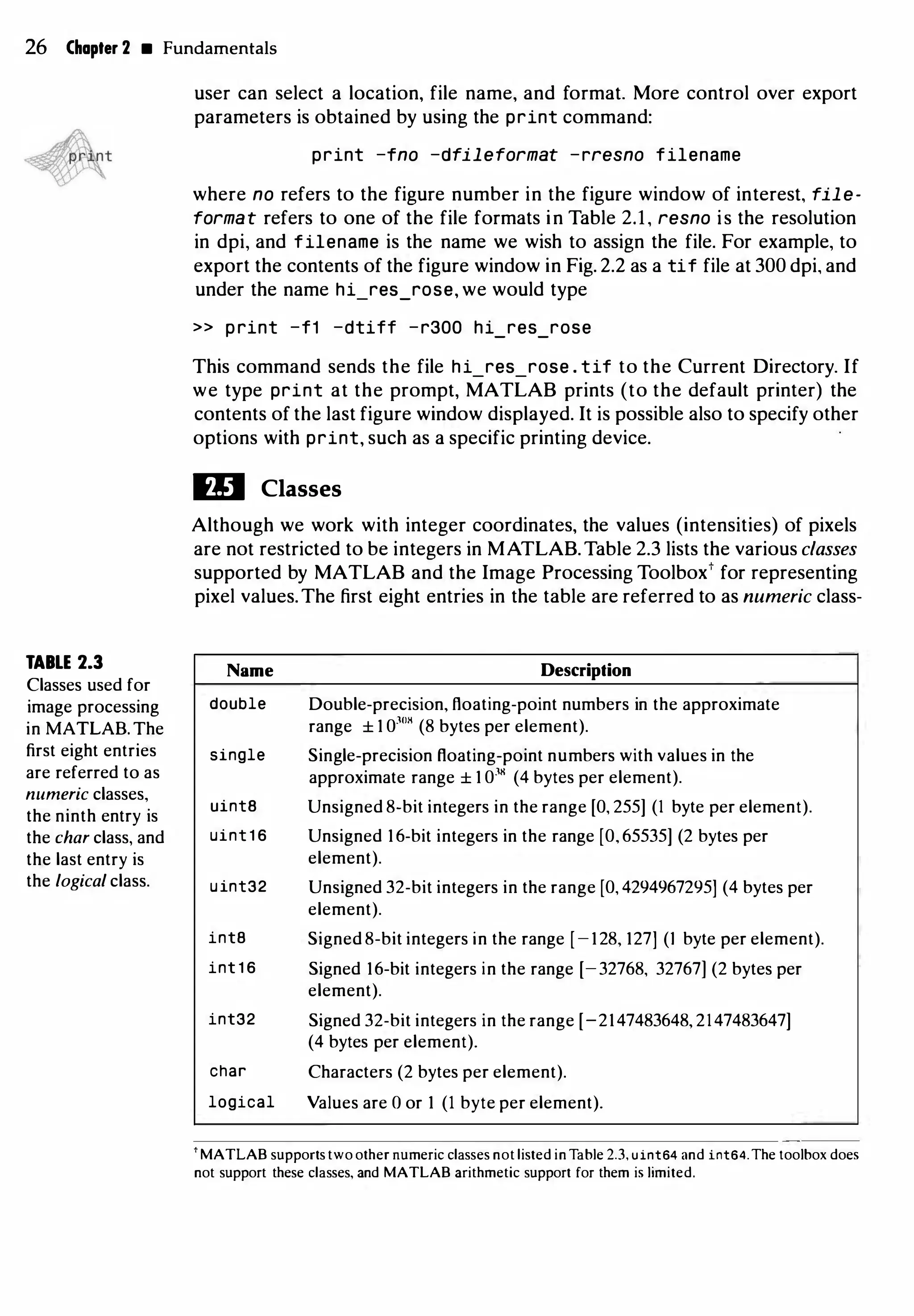 26 Chapter 2 • Fundamentals
TABLE 2.3
Classes used for
image processing
in MATLAB. The
first eight entries
are referred to as
numeric classes,
the ninth entry is
the char class, and
the last entry is
the logical class.
user can select a location, file name, and format. More control over export
parameters is obtained by using the print command:
print -fno -dfileformat -rresno filename
where no refers to the figure number in the figure window of interest, fil e ­
format refers to one of the file formats in Table 2.1, resno is the resolution
in dpi, and filename is the name we wish to assign the file. For example, to
export the contents of the figure window in Fig. 2.2 as a tif file at 300 dpi, and
under the name hi_res_rose, we would type
>> print -f1 -dtiff -r300 hi_res_rose
This command sends the file hi_res_rose . tif to the Current Directory. If
we type print at the prompt, MATLAB prints (to the default printer) the
contents of the last figure window displayed. It is possible also to specify other
options with print, such as a specific printing device.
ID Classes
Although we work with integer coordinates, the values (intensities) of pixels
are not restricted to be integers in MATLAB.Table 2.3 lists the various classes
supported by MATLAB and the Image Processing Toolboxt for representing
pixel values.The first eight entries in the table are referred to as numeric class-
Name
double
single
uint8
uint 1 6
uint32
inta
int 1 6
int32
char
logical
Description
Double-precision, floating-point numbers in the approximate
range ± 1 03118 (8 bytes per element).
Single-precision floating-point numbers with values in the
approximate range ± 1 038 (4 bytes per element).
Unsigned 8-bit integers in the range [O, 255] (1 byte per element).
Unsigned 1 6-bit integers in the range [O, 65535] (2 bytes per
element).
Unsigned 32-bit integers in the range [O, 4294967295] (4 bytes per
element).
Signed 8-bit integers in the range [-128, 127] (I byte per element).
Signed 16-bit integers in the range [-32768, 32767] (2 bytes per
element).
Signed 32-bit integers in the range [-2147483648, 2147483647]
(4 bytes per element).
Characters (2 bytes per element).
Values are 0 or 1 (1 byte per element).
' MATLAB supports two other numeric classes not listed in Table 2.3, uint64 and int64.The toolbox does
not support these classes, and MATLAB arithmetic support for them is limited.
 