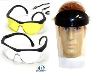 Proteção dos olhos e faceProteção dos olhos e face
Óculos:Óculos:
Proteção contra partículas , luzProteção contra partículas , luz
intensa , radiação , respingos deintensa , radiação , respingos de
produtos químicos;produtos químicos;
Protetor facial:Protetor facial:
Proteção do rosto.Proteção do rosto.
 