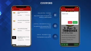 UNLIMITED COUPNS
Setup unlimited coupons in the app all for your
Business or multiple businesses
SORTED GEOGRAPHICALLY
The coupons are sorted geographically so the
Closest ones show at the top
TRACK REDEMPTIONS
Track Redemptions to see a real ROI
COUPONS
 