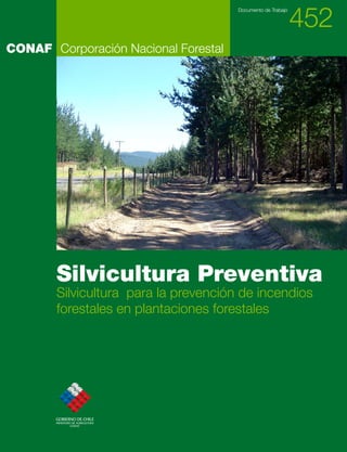 452
                                       Documento de Trabajo




CONAF Corporación Nacional Forestal




        Silvicultura Preventiva
        Silvicultura para la prevención de incendios
        forestales en plantaciones forestales




        GOBIERNO DE CHILE
        MINISTERIO DE AGRICULTURA
                  CONAF
 