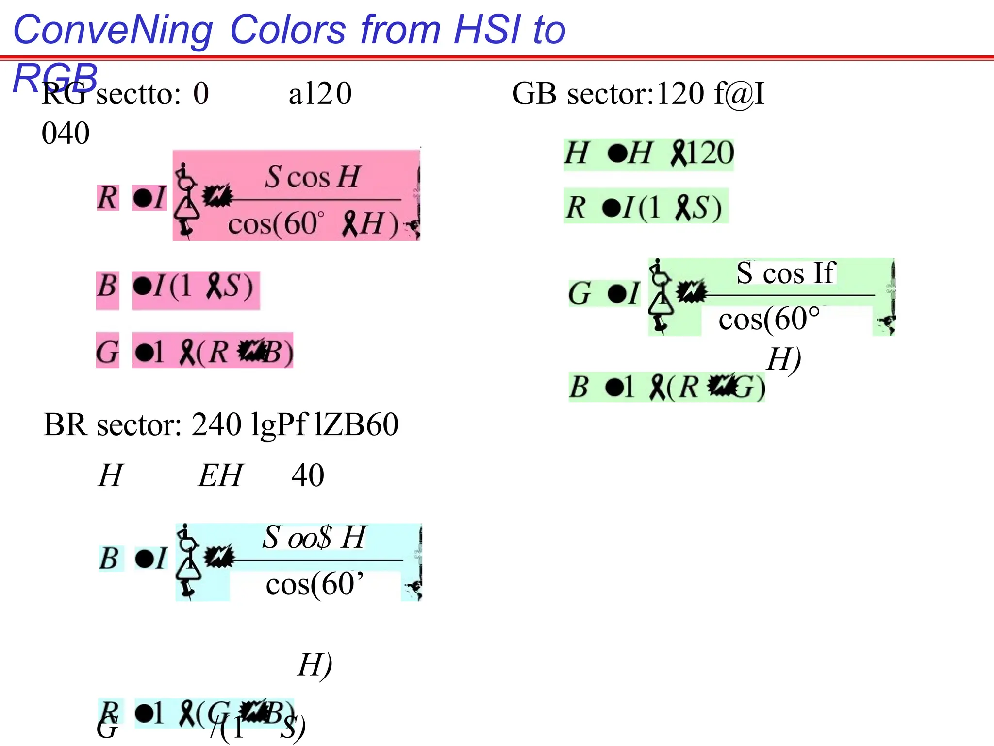 ConveNing Colors from HSI to
RGB
RG sectto: 0 al20 GB sector:120 f@I
040
BR sector: 240 lgPf lZB60
H EH 40
S oo$ H
cos(60’
H)
G /(1 S)
S cos If
cos(60°
H)
 