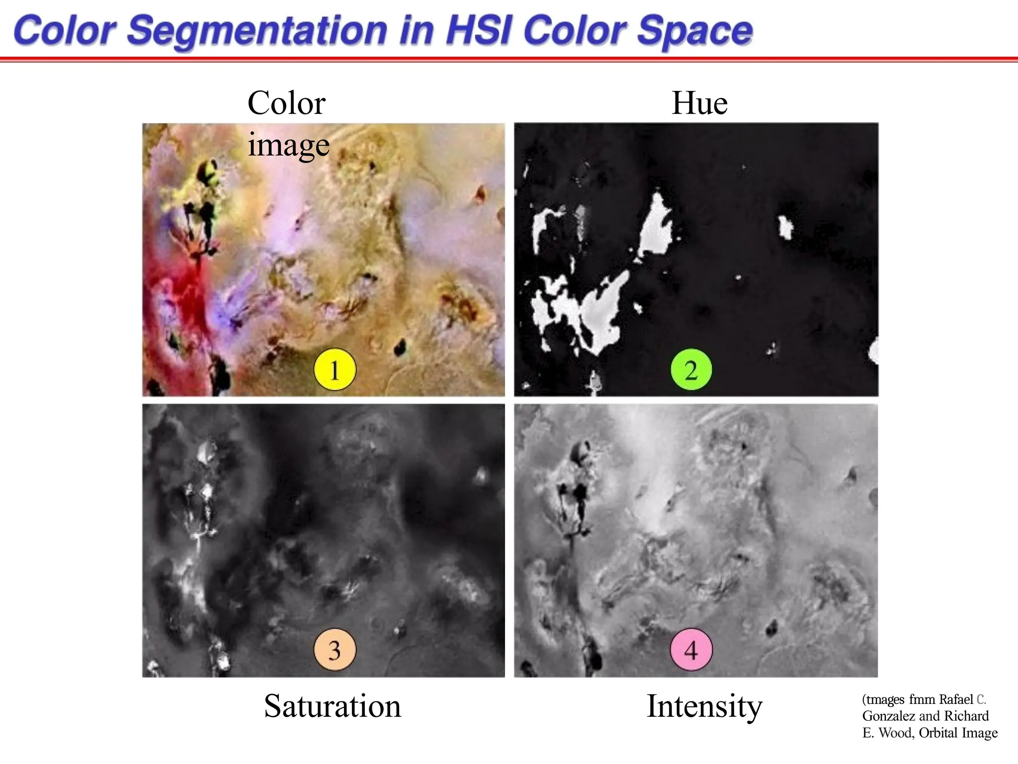 Color
image
Hue
Saturation Intensity (tmages fmm Rafael C.
Gonzalez and Richard
E. Wood, Orbital Image
 