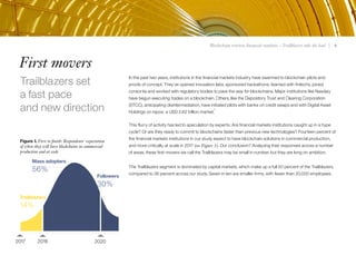 Blockchain rewires financial markets – Trailblazers take the lead | 4
First movers
Trailblazers set
a fast pace
and new direction
4
In the past two years, institutions in the financial markets industry have swarmed to blockchain pilots and
proofs of concept. They’ve opened innovation labs, sponsored hackathons, teamed with fintechs, joined
consortia and worked with regulatory bodies to pave the way for blockchains. Major institutions like Nasdaq
have begun executing trades on a blockchain. Others, like the Depository Trust and Clearing Corporation
(DTCC), anticipating disintermediation, have initiated pilots with banks on credit swaps and with Digital Asset
Holdings on repos: a USD 2.62 trillion market.
1
This flurry of activity has led to speculation by experts: Are financial markets institutions caught up in a hype
cycle? Or are they ready to commit to blockchains faster than previous new technologies? Fourteen percent of
the financial markets institutions in our study expect to have blockchain solutions in commercial production,
and more critically, at scale in 2017 (see Figure 1). Our conclusion? Analyzing their responses across a number
of areas, these first-movers we call the Trailblazers may be small in number, but they are long on ambition.
The Trailblazers segment is dominated by capital markets, which make up a full 50 percent of the Trailblazers,
compared to 36 percent across our study. Seven in ten are smaller firms, with fewer than 20,000 employees.
Figure 1. First to finish: Respondents' expectation
of when they will have blockchains in commercial
production and at scale
Mass adopters
56%
20202017
Followers
30%
Trailblazers
14%
2018
 