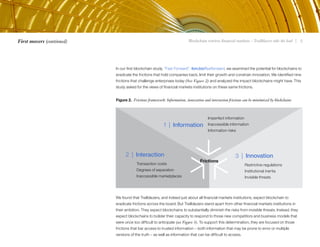 Blockchain rewires financial markets – Trailblazers take the lead | 5First movers (continued)
Figure 2. Frictions framework: Information, innovation and interaction frictions can be minimized by blockchains
In our first blockchain study, “Fast Forward”, ibm.biz/fastforward, we examined the potential for blockchains to
eradicate the frictions that hold companies back, limit their growth and constrain innovation. We identified nine
frictions that challenge enterprises today (See Figure 2) and analyzed the impact blockchains might have. This
study asked for the views of financial markets institutions on these same frictions.
Frictions
Imperfect information
Inaccessible information
Information risks
1 | Information
2 | Interaction
Transaction costs
Degrees of separation
Inaccessible marketplaces
3 | Innovation
Restrictive regulations
Institutional inertia
Invisible threats
We found that Trailblazers, and indeed just about all financial markets institutions, expect blockchain to
eradicate frictions across the board. But Trailblazers stand apart from other financial markets institutions in
their ambition. They expect blockchains to substantially diminish the risks from invisible threats. Instead, they
expect blockchains to bolster their capacity to respond to those new competitors and business models that
were once too difficult to anticipate (see Figure 3). To support this determination, they are focused on those
frictions that bar access to trusted information – both information that may be prone to error or multiple
versions of the truth – as well as information that can be difficult to access.
 