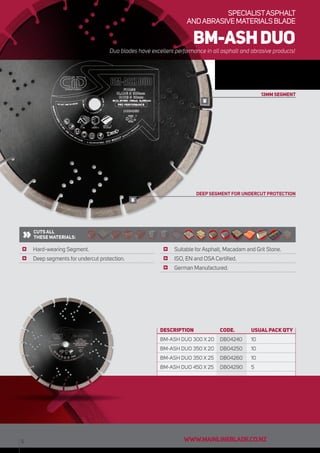 13MM SEGMENT
DEEP SEGMENT FOR UNDERCUT PROTECTION
CUTS ALL
THESE MATERIALS:
	 Hard-wearing Segment.
	 Deep segments for undercut protection.
	 Suitable forAsphalt, Macadam and Grit Stone.
	 ISO, EN and OSA Certified.
	 German Manufactured.
6
BM-ASHDUO
SPECIALISTASPHALT
ANDABRASIVEMATERIALSBLADE
Duo blades have excellent performance in all asphalt and abrasive products!
DESCRIPTION	 CODE. 	USUAL PACK QTY
BM-ASH DUO 300 X 20	 DB04240	 10
BM-ASH DUO 350 X 20	 DB04250	 10
BM-ASH DUO 350 X 25	 DB04260	 10
BM-ASH DUO 450 X 25	 DB04290	 5
WWW.MAINLINEBLADE.CO.NZ
 