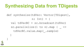 Synthesizing Data from TDigests
def synthesize(tdVec: Vector[TDigest],
n: Int) = {
val tdVecBC = sc.broadcast(tdVec)
sc.pa...