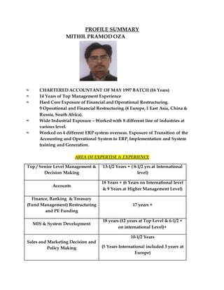 PROFILE SUMMARY
MITHIL PRAMOD OZA
≈ CHARTERED ACCOUNTANT OF MAY 1997 BATCH (16 Years)
≈ 14 Years of Top Management Experience
≈ Hard Core Exposure of Financial and Operational Restructuring.
9 Operational and Financial Restructuring (4 Europe, 1 East Asia, China &
Russia, South Africa).
≈ Wide Industrial Exposure – Worked with 8 different line of industries at
various level.
≈ Worked on 4 different ERP system overseas. Exposure of Transition of the
Accounting and Operational System to ERP, Implementation and System
training and Generation.
AREA OF EXPERTISE & EXPERIENCE
Top / Senior Level Management &
Decision Making
13-1/2 Years + ( 8-1/2 yrs at International
level)
Accounts
18 Years + (6 Years on International level
& 9 Years at Higher Management Level)
Finance, Banking & Treasury
(Fund Management) Restructuring
and PE Funding
17 years +
MIS & System Development
18 years (12 years at Top Level & 6-1/2 +
on international Level)+
Sales and Marketing Decision and
Policy Making
10-1/2 Years
(5 Years International included 3 years at
Europe)
 