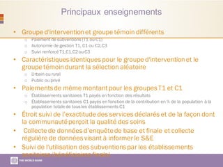 Principaux enseignements
• Groupe d'interventionet groupe témoin différents
o Paiement de subventions (T1 ou C1)
o Autonomie de gestion T1, C1 ou C2,C3
o Suivi renforcé T1,C1,C2 ou C3
• Caractéristiquesidentiquespour le groupe d'interventionet le
groupe témoindurant la sélection aléatoire
o Urbain ou rural
o Public ou privé
• Paiementsde même montant pour les groupesT1 et C1
o Établissements sanitaires T1 payés en fonction des résultats
o Établissements sanitaires C1 payés en fonction de la contribution en % de la population à la
population totale de tous les établissements C1
• Étroit suivi de l’exactitude des services déclarés et de la façon dont
la communautéperçoit la qualité des soins
• Collecte de données d’enquêtede base et finale et collecte
régulière de donnéesvisant à informer le S&E
• Suivi de l'utilisation des subventionspar les établissements
sanitaires (bénéficiaires finals)
 