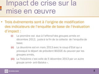 Impact de crise sur la
mise en œuvre
8
• Trois événements sont à l’origine de modification
des indicateurs de l’enquête de base de l’évaluation
d’impact :
(i) La première est due à l’offensif des groupes armés en
décembre 2012, juste à la fin de la collecte de l’enquête de
base;
(ii) La deuxième est en mars 2013 avec le coup d’Etat qui a
provoqué le départ de président BOZIZE du pouvoir par les
groupes armés,
(iii) La Troisième c’est celle de 5 décembre 2013 par un autre
groupe armé« anti-Balaka ».
 