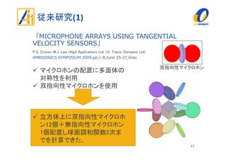 従来研究(1)
「MICROPHONE ARRAYS USING TANGENTIAL
VELOCITY SENSORS」
P.G. Craven, M.J. Law (Algol Applications Ltd. ),C. Travis (Sonopsis Ltd)
AMBISONICS SYMPOSIUM 2009,pp.1-8,June 25-27,Graz
11
マイクロホンの配置に多面体の
対称性を利用
双指向性マイクロホンを使用
立方体上に双指向性マイクロホ
ン12個＋無指向性マイクロホン
1個配置し球面調和関数2次ま
でを計算できた。
双指向性マイクロホン
 