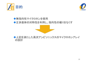 目的
無指向性マイクロホンを使用
正多面体の対称性を利用し、指向性の偏りをなくす
上記を満たした高次アンビソニックスのマイクロホンアレイ
の設計
15
 