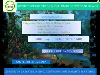 INSTITUTO DE ESTUDIO DE BACHILLERATO DE ESTADO DE OAXACA INFORMATICA  II Integrantes: Patricia  Liliana Molares Ibáñez                         Agustín  Ortiz   bautista                          Erika  Pura Toledo                          José Roberto  sierra    Sánchez GRUPO : 203            SEMESTRE: SEGUNDO QUE ES LA HUELLA ECOLÓGICA  SAN PEDRO IXTLAHUACA ASESOR DE LA MATERIA :ING. GIOVAGNNI BUSTAMANTE MARTINEZ 