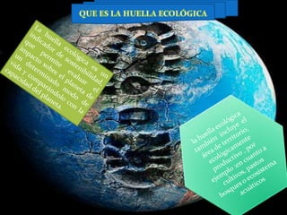 QUEESLAHUELLAECOLÓGICALa huella ecológica es un indicador de sostenibilidad, que permite evaluar el impacto sobre el planeta de un determinado modo de vida y comparándolo con la capacidad del planeta.la huella ecológica también  incluye  el área de territorio, ecológicamente productivo , por ejemplo :en cuanto a cultivos, pastos bosques o ecosistema acuáticos